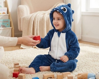 Mono de tiburón para niños, mono de animalito, mono con capucha de dibujos animados, mono de invierno acogedor para bebé, disfraz de franela con capucha, mono de invierno, pijama cálido