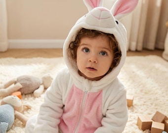 Traje de conejo polar para niños, disfraz de franela con capucha, mono de invierno, pijama cálido, mono de animal lindo, mono con capucha de dibujos animados, mono de bebé de invierno acogedor