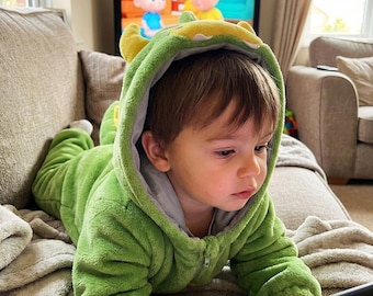 Dinosaur Fleece Suit,Cute Animal Romper,Cartoon Hooded Jumpsuit,Cozy Winter Baby Romper,Flannel Hooded Costume,Winter Onesie,Warm Pajamas