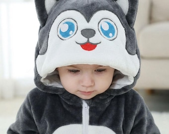 Mono de bebé de husky, mono de animalito, mono con capucha de dibujos animados, mono de invierno acogedor, disfraz de franela con capucha, mono de invierno, pijama cálido