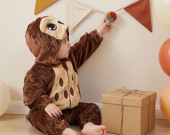 Traje infantil de búho marrón, mono de animalito, mono con capucha de dibujos animados, mono de invierno acogedor para bebé, disfraz de franela con capucha, mono de invierno, pijama cálido