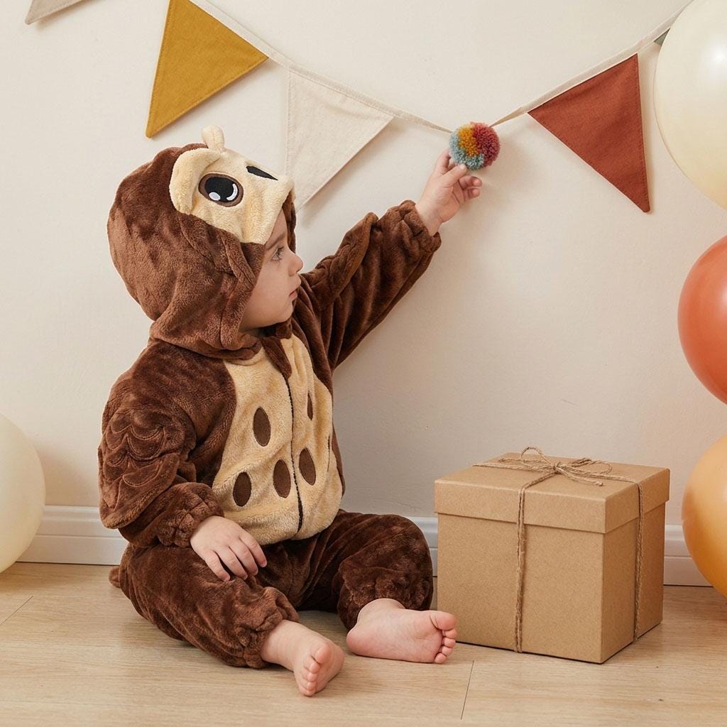 Brown Owl Kids' Suit,Cute Animal Romper,Cartoon Hooded Jumpsuit,Cozy Winter Baby Romper,Flannel Hooded Costume,Winter Onesie,Warm Pajamas