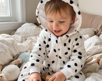 Snow Leopard baby Suit,Flannel Hooded Costume,Winter Onesie,Warm Pajamas,Cute Animal Romper,Cartoon Hooded Jumpsuit,Cozy Winter Baby Romper