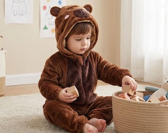 Mono de capibara marrón, mono de animal lindo, mono con capucha de dibujos animados, mono de bebé de invierno acogedor, disfraz de franela con capucha, mono de invierno, pijamas cálidos
