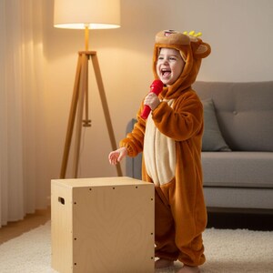 Puede incluir: Un ni&ntilde;o con un disfraz de animal marr&oacute;n y beige con capucha, sosteniendo un micr&oacute;fono rojo. El ni&ntilde;o est&aacute; de pie junto a una caja de madera de color claro. El disfraz tiene una barriga de color beige claro y una capucha con orejas.