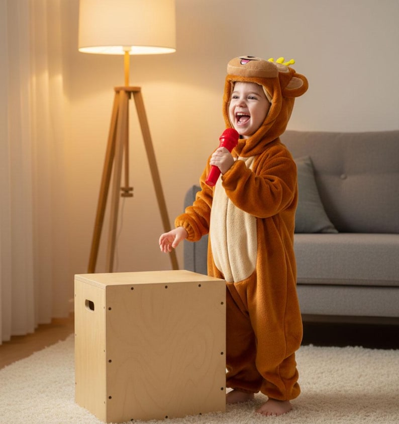 Puede incluir: Un ni&ntilde;o con un disfraz de animal marr&oacute;n y beige con capucha, sosteniendo un micr&oacute;fono rojo. El ni&ntilde;o est&aacute; de pie junto a una caja de madera de color claro. El disfraz tiene una barriga de color beige claro y una capucha con orejas.