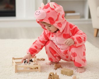 Traje de vaca rosa, mono de animal lindo, mono con capucha de dibujos animados, mono de bebé de invierno acogedor, disfraz de franela con capucha, mono de invierno, pijama cálido
