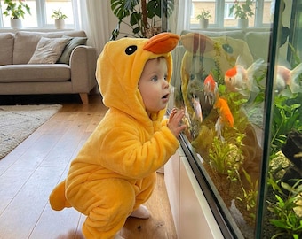 Traje de lana de pato para niños, disfraz de franela con capucha, mono de invierno, pijama cálido, mono de animal lindo, mono con capucha de dibujos animados, mono de bebé de invierno acogedor