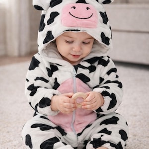 May include: A baby wearing a white and black cow-print onesie with a hood featuring a pink smiling face. The baby is holding a wooden toy and sitting on a white carpet. The onesie has a pink zipper down the front.