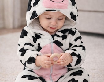 Conjunto de bebé de lana de vaca, mono de animal lindo, mono con capucha de dibujos animados, mono de bebé de invierno acogedor, disfraz de franela con capucha, mono de invierno, pijama cálido