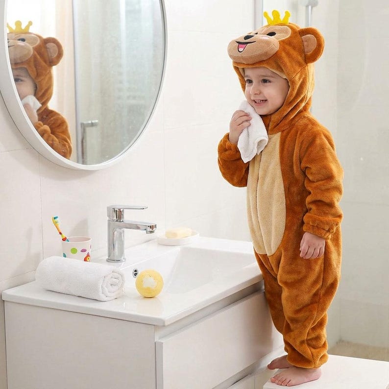 Puede incluir: Un ni&ntilde;o con un disfraz de mono marr&oacute;n con capucha y una peque&ntilde;a corona dorada. El disfraz tiene una barriga marr&oacute;n claro y est&aacute; hecho de un material suave y afelpado. El ni&ntilde;o sostiene un pa&ntilde;o blanco cerca de un lavabo.