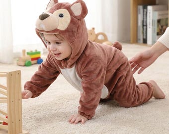 Disfraz de hámster marrón, mono de animalito, mono con capucha de dibujos animados, mono de invierno acogedor para bebé, disfraz de franela con capucha, mono de invierno, pijama cálido