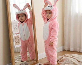 Conjunto de conejito rosa de orejas largas, mono de animalito bonito, mono con capucha de dibujos animados, mono de bebé de invierno acogedor, disfraz de franela con capucha, mono de invierno, pijama cálido