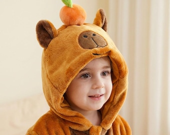Disfraz de capibara naranja, mono de animalito, mono con capucha de dibujos animados, mono de invierno acogedor para bebé, disfraz de franela con capucha, mono de invierno, pijama cálido