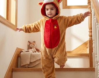 Pelele de ciervo mostaza, pelele de animalito, mono con capucha de dibujos animados, pelele de bebé de invierno acogedor, disfraz de franela con capucha, mono de invierno, pijama cálido