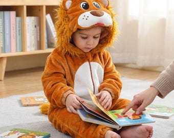 Conjunto infantil de león esponjoso, mono de animal lindo, mono con capucha de dibujos animados, mono de bebé de invierno acogedor, disfraz de franela con capucha, mono de invierno, pijama cálido