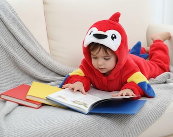 Mono de una pieza con diseño de loro rojo, mono de animalito, mono con capucha de dibujos animados, mono de invierno acogedor para bebé, disfraz de franela con capucha, mono de invierno, pijama cálido.