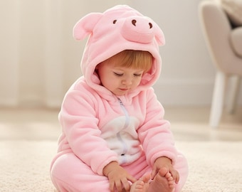 Conjunto de polar de cerdo rosa para niño, mono de animal lindo, mono con capucha de dibujos animados, mono de invierno acogedor para bebé, disfraz de franela con capucha, mono de invierno, pijama cálido