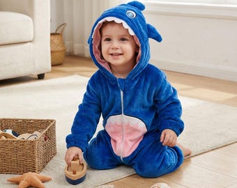Mono de tiburón de dientes grandes, mono de animal lindo, mono con capucha de dibujos animados, mono de bebé de invierno acogedor, disfraz de franela con capucha, mono de invierno, pijamas cálidos