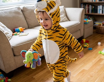 Baby Tiger Costume,Flannel Hooded Costume,Winter Onesie,Warm Pajamas,Cute Animal Romper,Cartoon Hooded Jumpsuit,Cozy Winter Baby Romper