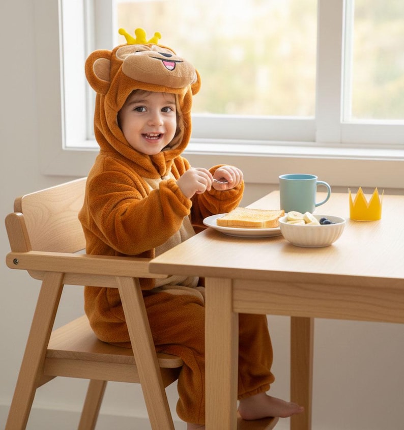 Puede incluir: Un ni&ntilde;o con un disfraz de mono marr&oacute;n con una corona est&aacute; sentado a una mesa de madera. El ni&ntilde;o est&aacute; desayunando, con un plato de tostadas y un cuenco de fruta. Una taza azul y una corona amarilla tambi&eacute;n est&aacute;n sobre la mesa.