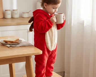 Traje de reno rojo para niños, mono de animal lindo, mono con capucha de dibujos animados, mono de bebé de invierno acogedor, disfraz de franela con capucha, mono de invierno, pijama cálido