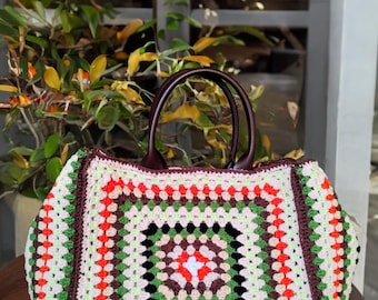 Handmade Crochet Granny Square Tote Bag, Boho Style Handbag
