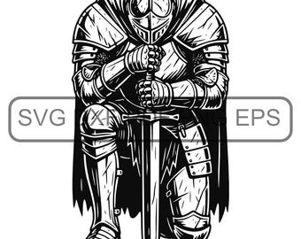 Kneeling Knight with Sword Clipart | Medieval Fantasy (svg, png, pdf, eps, dxf)