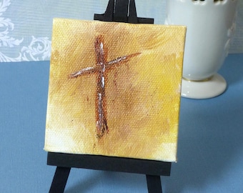 Original Abstract Cross Painting: Yellow Acrylic Mini Art with Easel