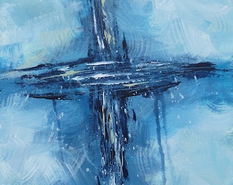 Original Blue Cross Acrylic Painting: Abstract Christian Art, 11x14 Canvas
