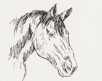 Original 5x7 Pen and Ink Horse Sketch, Equine Art, Draft Horse Drawing