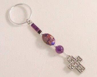 Purple Gemstone Cross Key Chain with Amethyst Beads