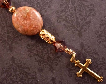 Beaded Bookmark with Swarovski Crystal and Semi Precious Gemstones and Cross Charm