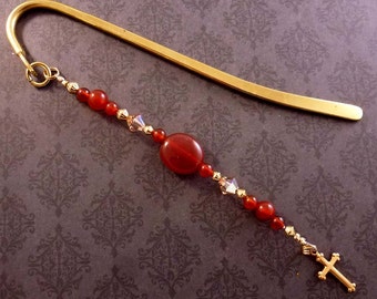 Swarovski Crystal and Red Carnelian Beaded Bookmark with Brass Cross Charm, Religious Bookmarker