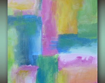 May include: Abstract artwork in a square format. The painting showcases a lively palette of pink, blue, yellow, green, and orange hues, applied with visible brushstrokes. The composition is a mix of rectangular and square forms.