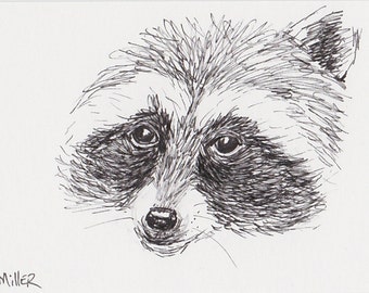 ACEO card Racoon Pen and Ink Drawing, Miniature Animal Sketch with Magnet Frame