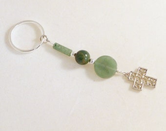 Beaded Keychain with Semi Precious  Adventurine Green Gemstones and Cross Charm