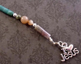 Green Beaded Bookmark with I Love Jesus Charm, Religious Bookmarker