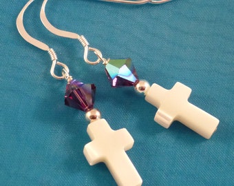 Purple Swarovski Crystal Earrings with White Mother of Pearl Cross, Sterling Silver