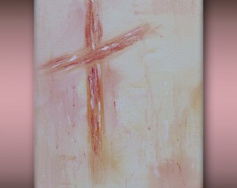 May include: Abstract painting on canvas featuring a cross in shades of orange and red against a light beige background. The artwork has a textured appearance with visible brushstrokes, creating a sense of depth and movement. The cross is centrally positioned.