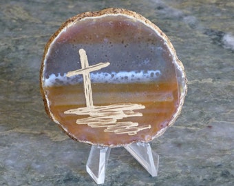 Original Gold Cross Painting on Natural Brown Agate Slab with Stand