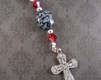 Christian Cross Bookmark, Black Obsidian Gemstone and Swarovski Crystal, Religious Bookmark