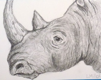 Rhino ACEO card, Original Graphite Pencil Drawing, Trading card, Afican Animal Art
