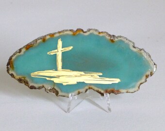 Gold Cross Painting on Green Agate Stone Slab with Stand