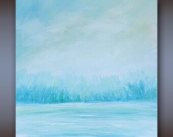 May include: Abstract landscape painting in shades of blue and green. The artwork depicts a light blue sky above a horizon of textured brushstrokes, suggesting trees. The lower section shows a calm, light blue body of water, evoking a sense of peace.