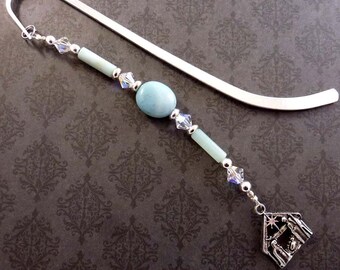 Green Amazonite Beaded Bookmark with Swarovski Crystal, Nativity Scene, Christian Bookmarker