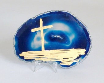 Original Gold Cross Painting on Blue Agate Slice with Stand