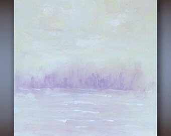 May include: Abstract landscape painting in a soft, muted palette. The artwork depicts a light lavender horizon with a suggestion of trees or foliage. The sky is a pale, creamy colour, and the water is a light lavender. The overall effect is serene and calming.