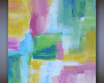 May include: Abstract painting in a square format. The artwork displays a vibrant mix of colours, including yellow, pink, green, blue, and white, applied in broad brushstrokes. The composition is a blend of rectangular and square shapes.