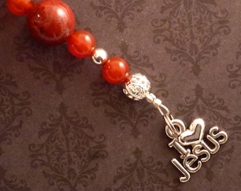 Beaded Bookmark with Red Jasper and Carnelian Gemstones, I Love Jesus Bookmarker